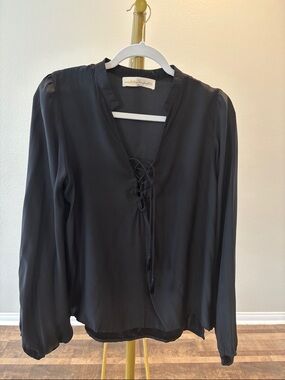 Natalie Martin Black Lace-Up V-Neck Long-Sleeve Blouse